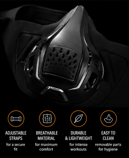 Black athletic face mask with breathable mesh and silver trim details, shown against a dark background with four feature callout icons and text below: adjustable straps, breathable material, durable and lightweight, and easy to clean.