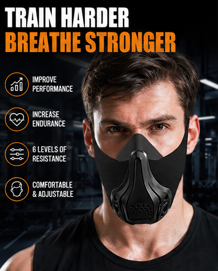 A man in a gym wearing a AirLock Pro mask, with promotional text reading 'TRAIN HARDER BREATHE STRONGER' and feature callouts about improved performance, increased endurance, 6 levels of resistance, and comfort.